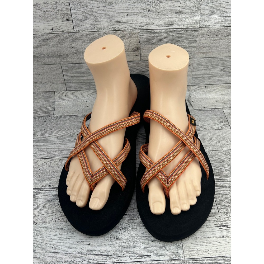Teva Olowahu Women 11 Black Orange‎ Strappy Mush Topsole Flip Flop Sandals 6840